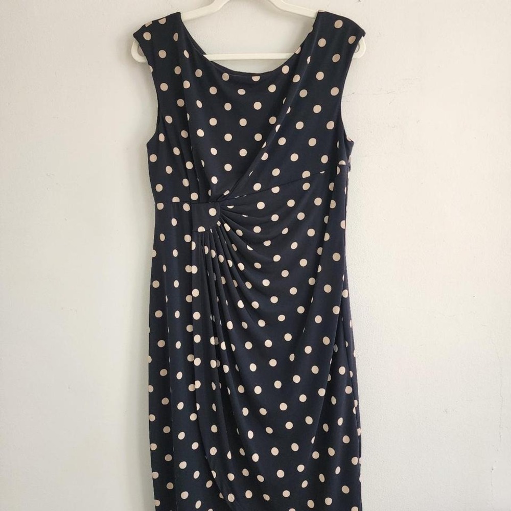 Dressbarn Ruched Polka Dot Midi Dress Size 14 Minimalist Classic Formal Party